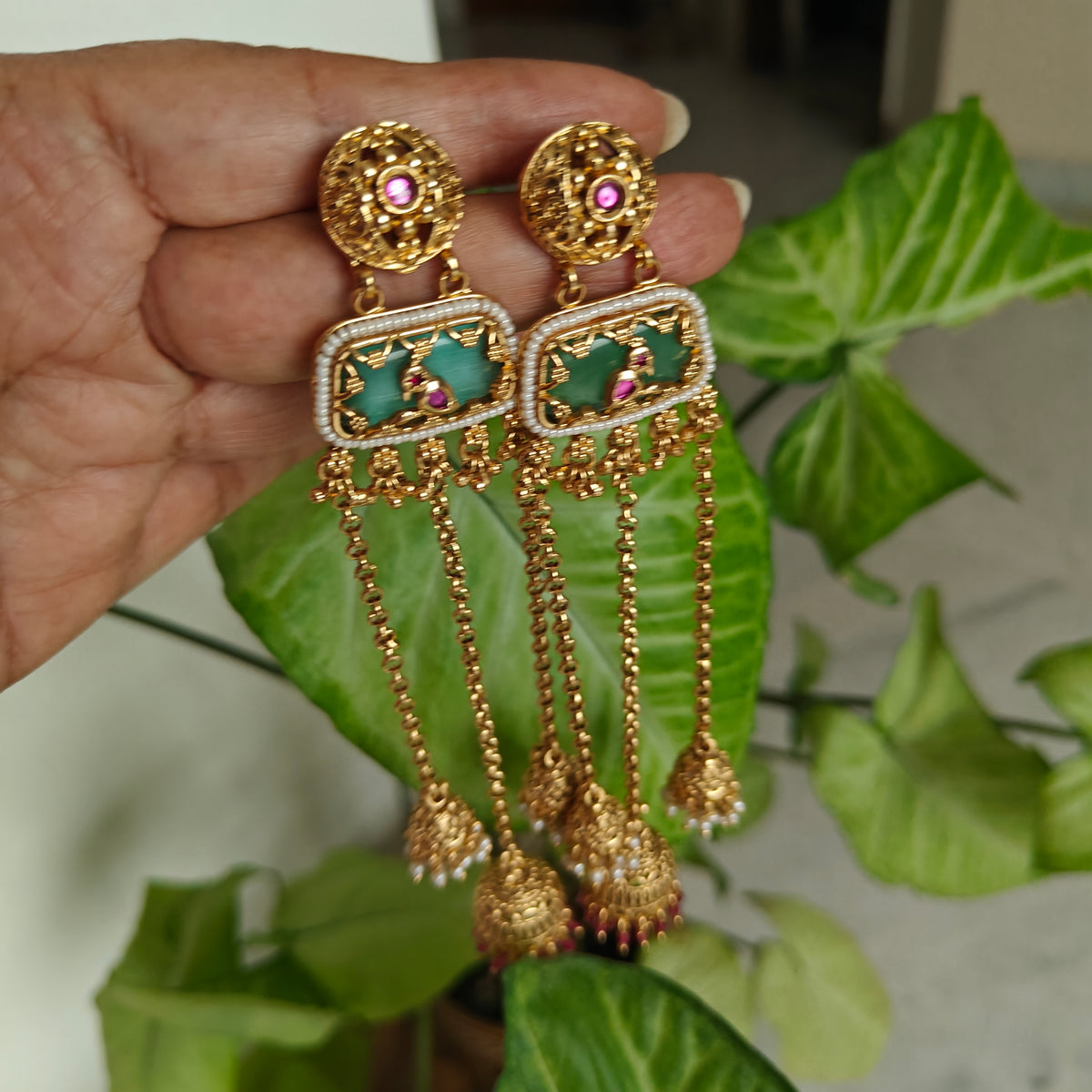 Earrings with stone piece with work and jhumkis below