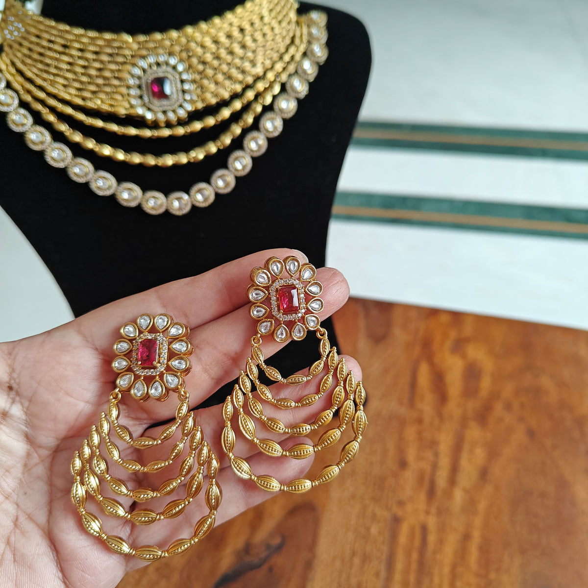 Ruksana set with stone and layer of moisanite and golden chains