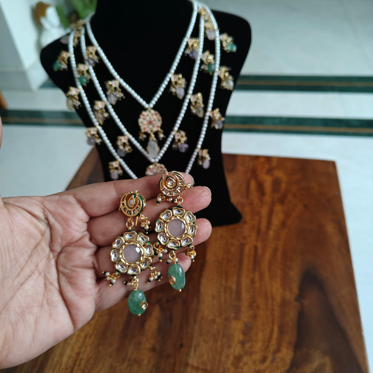 Pushpanjali set with three strings with kundan and stones