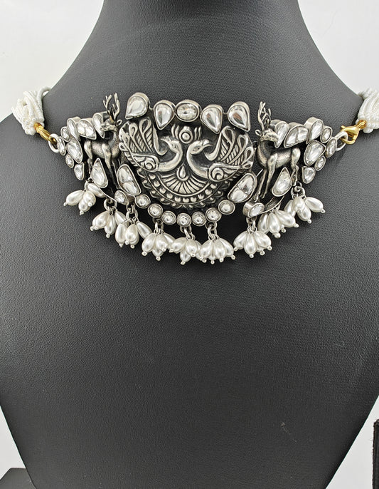 'Silver forest' choker necklace with frolicking deer and peacocks