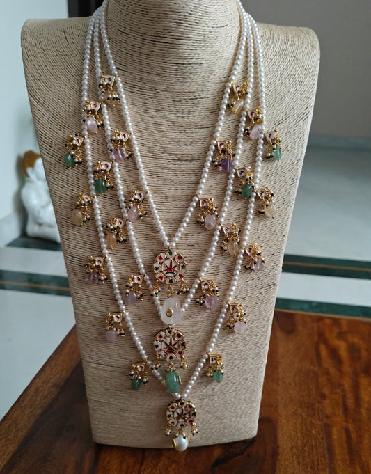 Pushpanjali set with three strings with kundan and stones