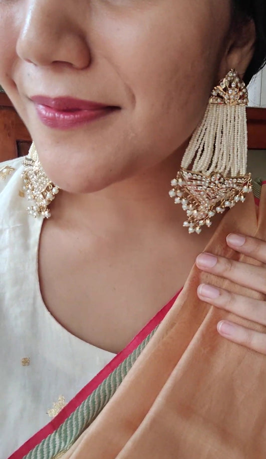 'Paasa' long dangling earrings with jadau and poth pearl strings