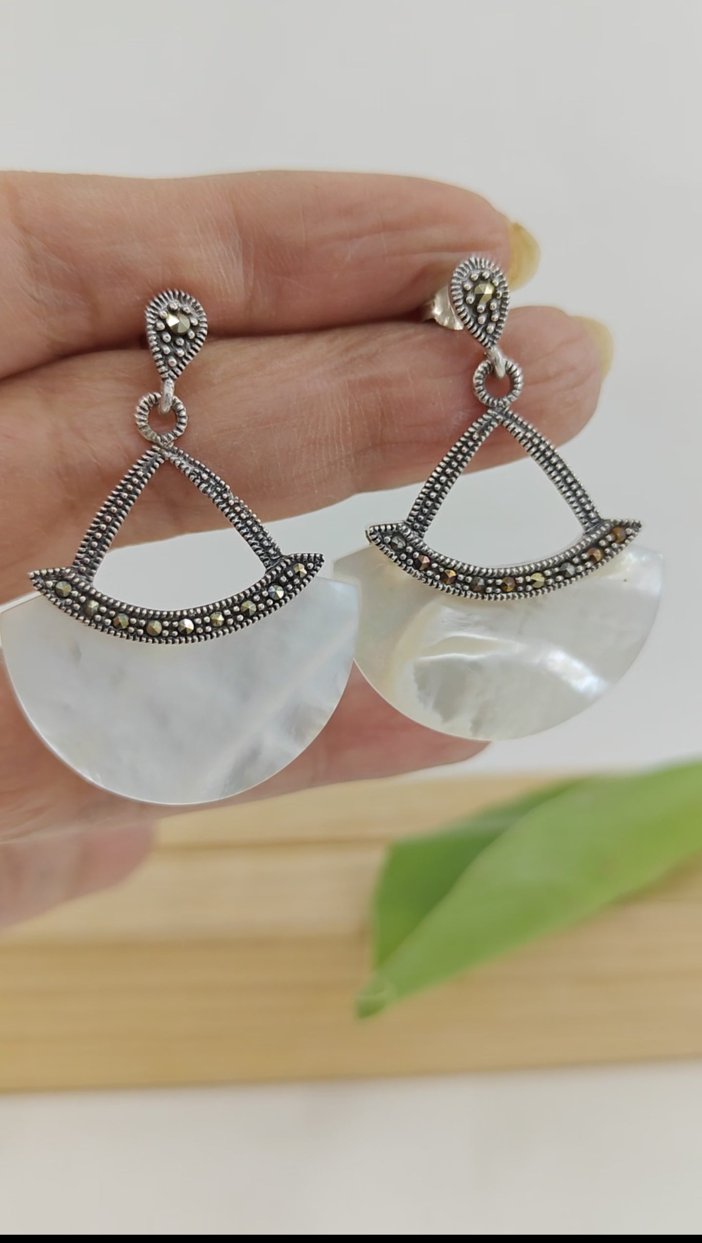 Silver crescent moon shell earrings