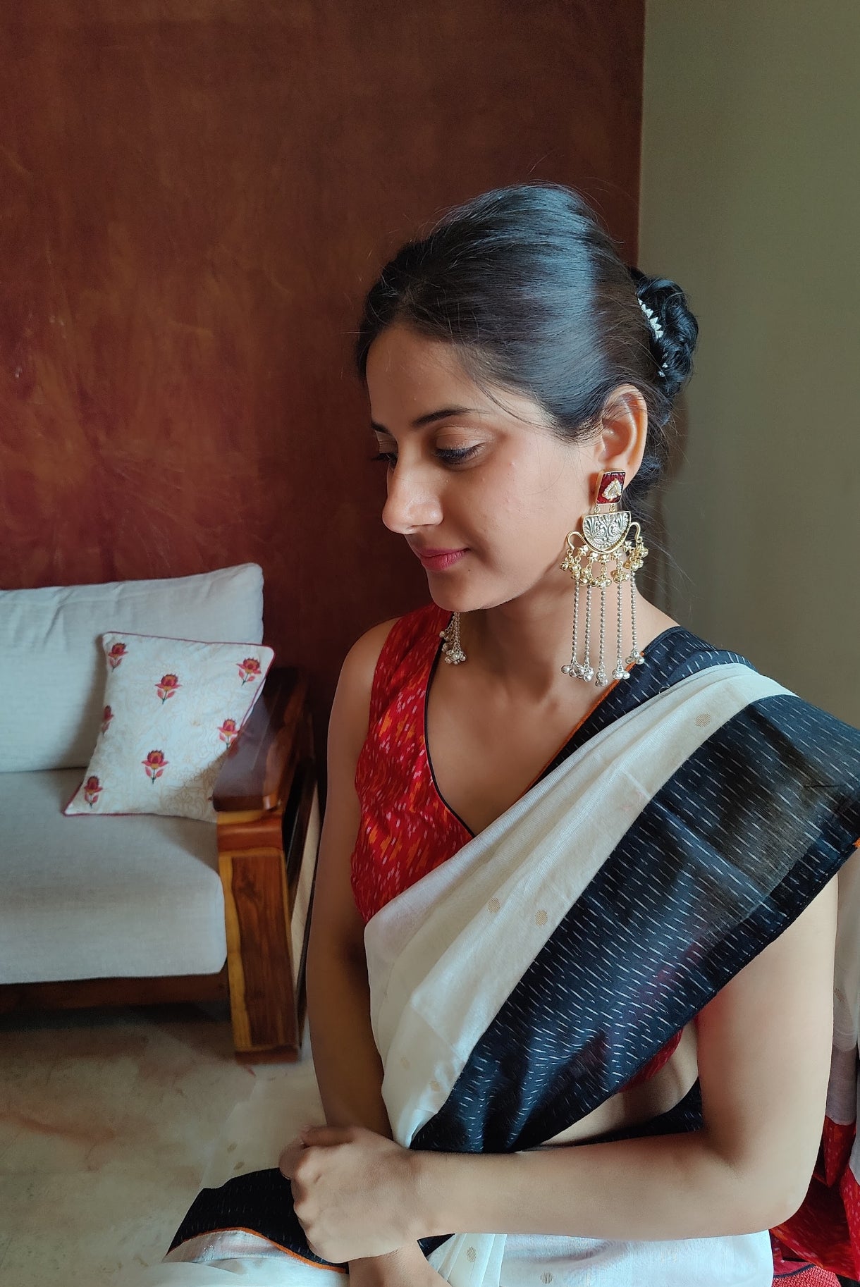 Long double tone earrings with kundan,stones and ghungroos