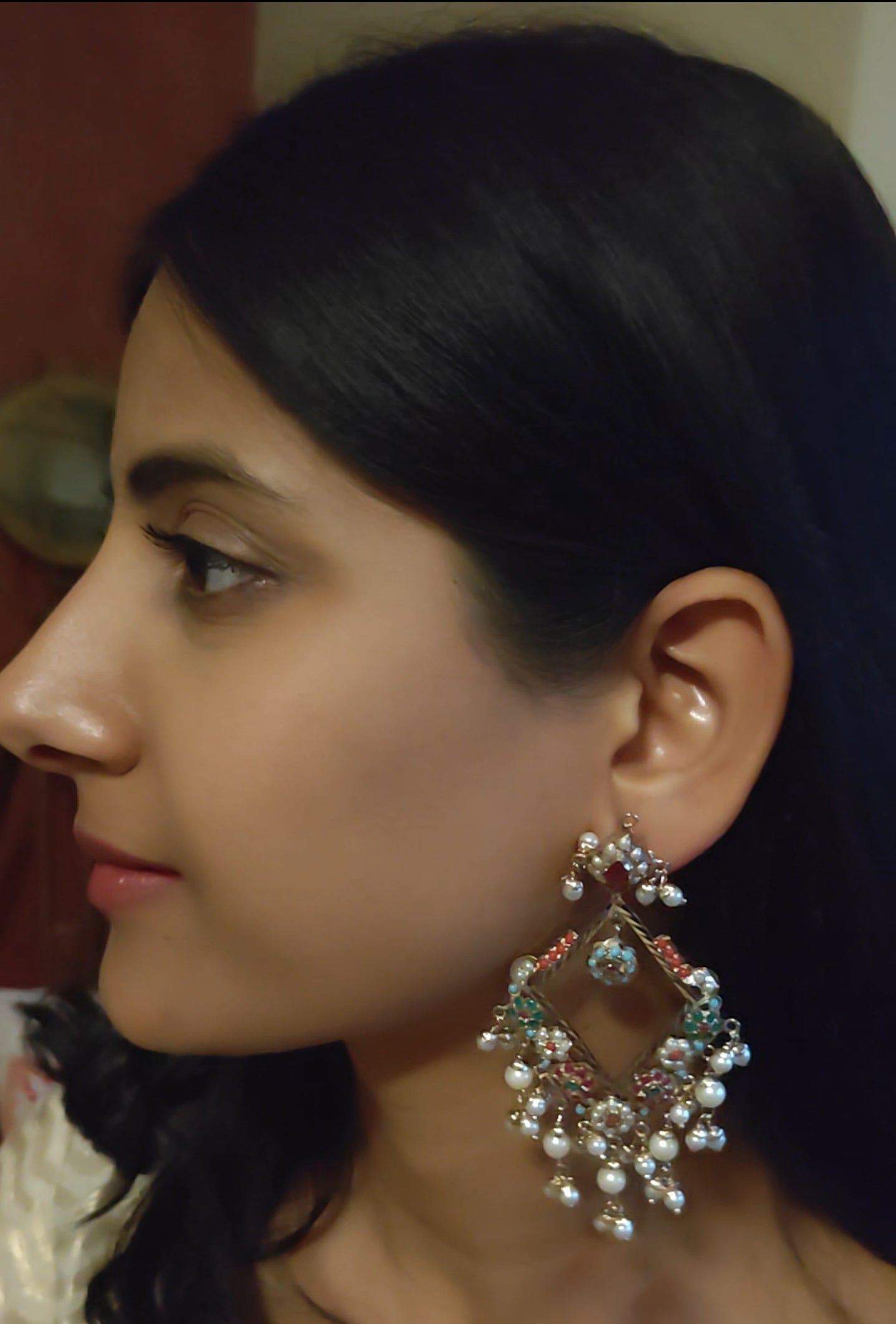 Jadau navratan diamond shaped earrings
