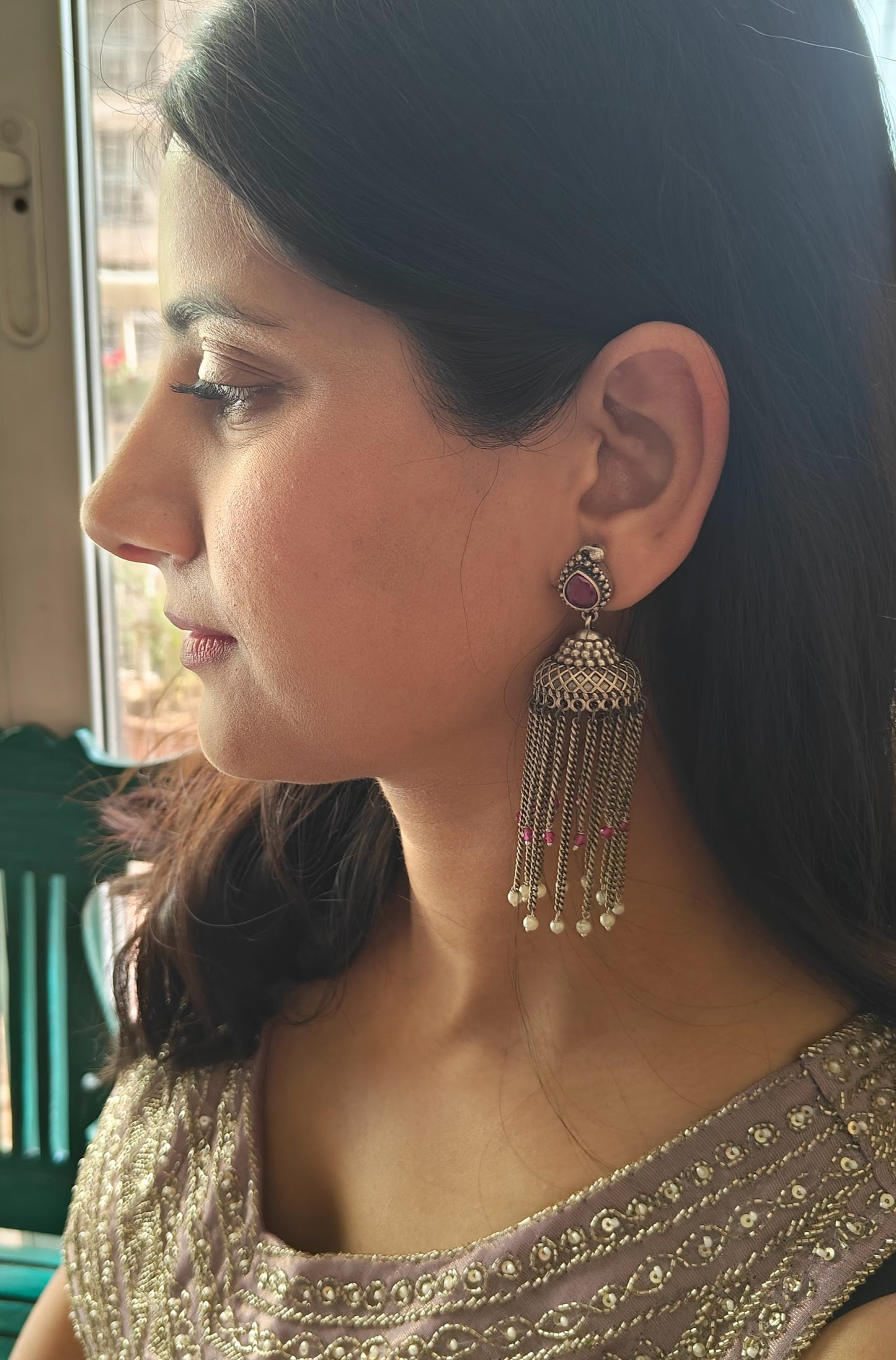 Jhumkas(earrings)with chain hangings
