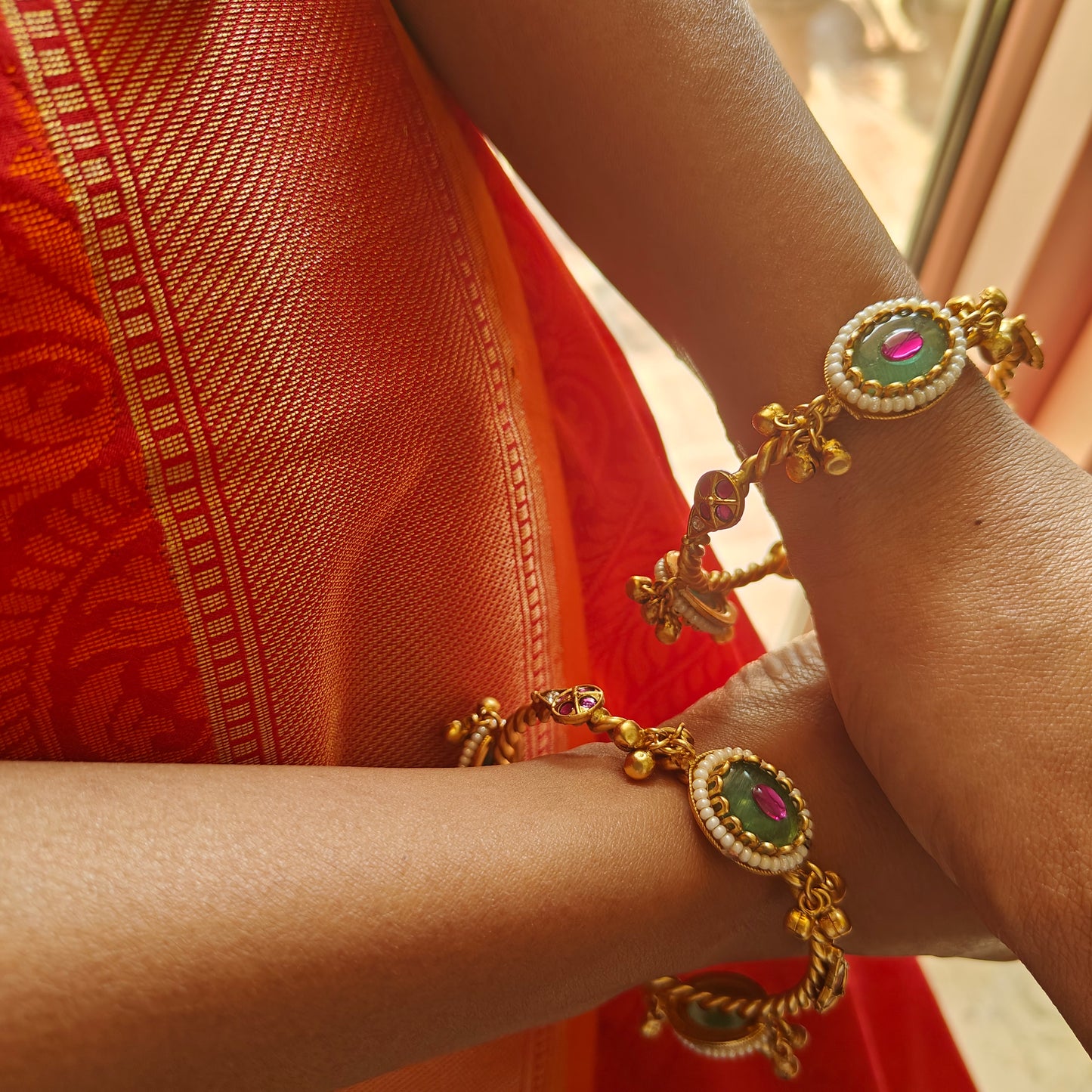 Golden bangles with green stone,ghungroos(2pc)