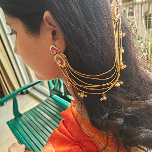 Earrings with earchains and studs on both sides