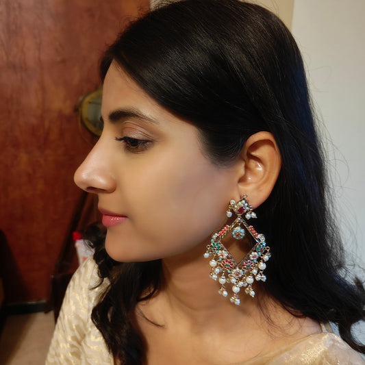 Jadau navratan diamond shaped earrings