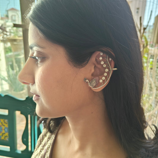 Peacock earrings with earcuffs