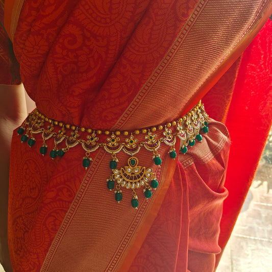 Golden belt with kundan,pink stones and green stone hangings