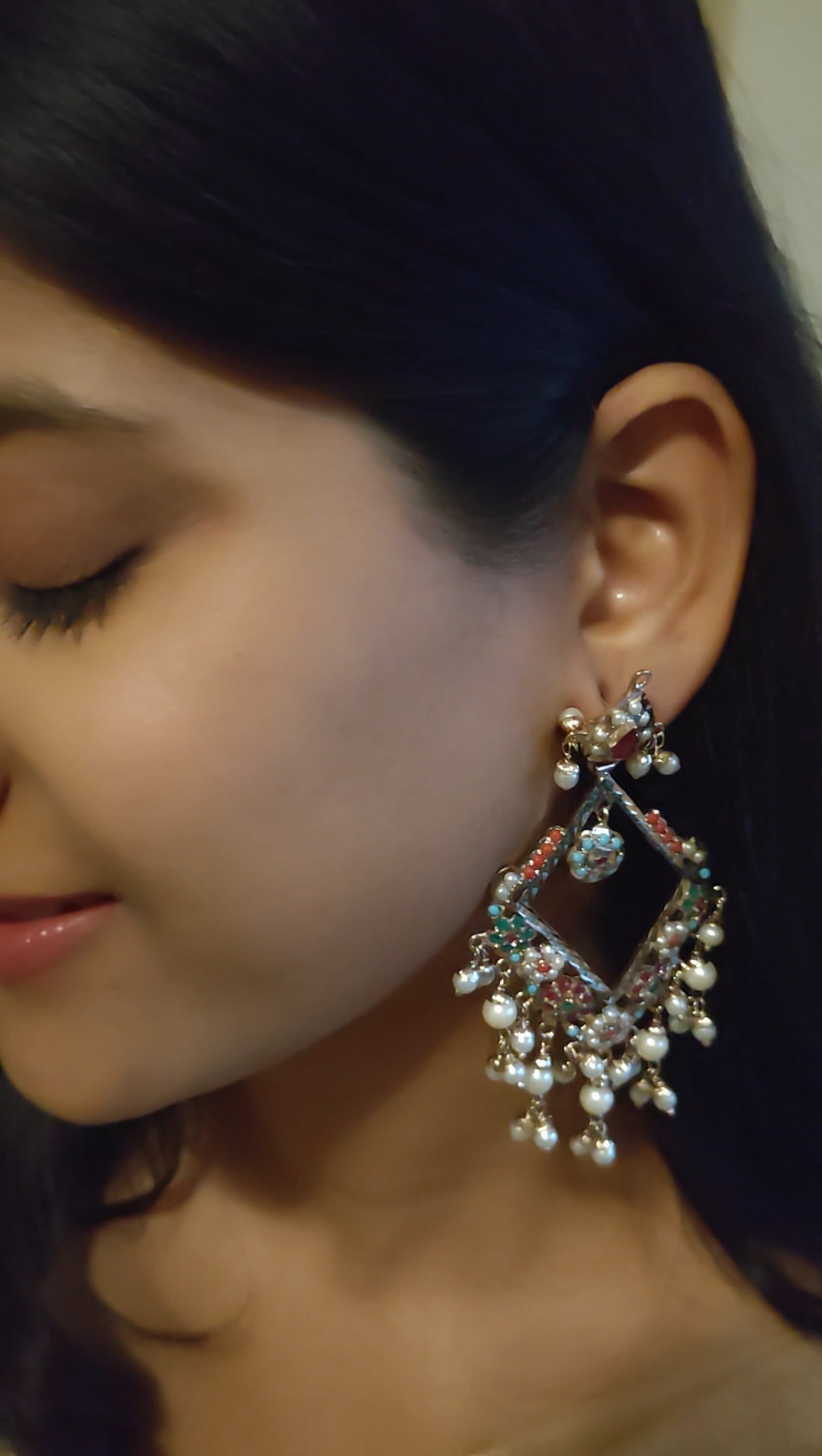 Jadau navratan diamond shaped earrings