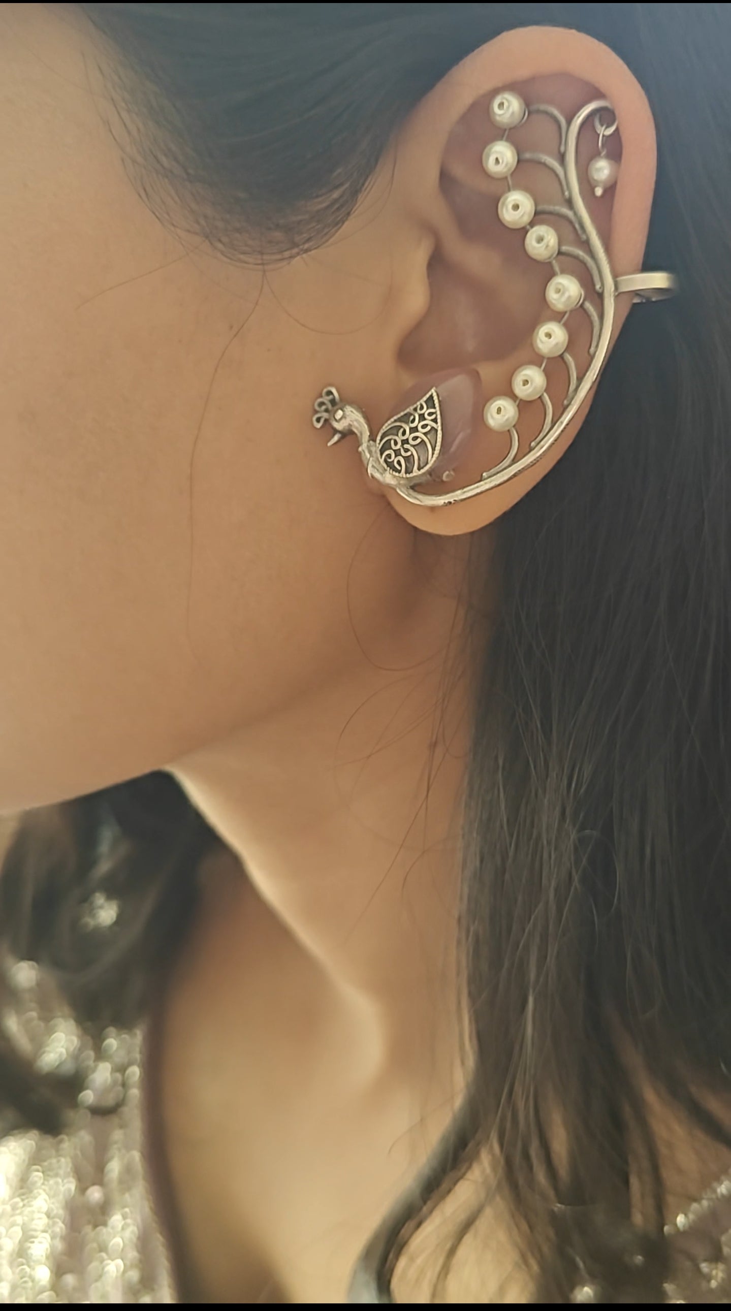 Peacock earrings with earcuffs