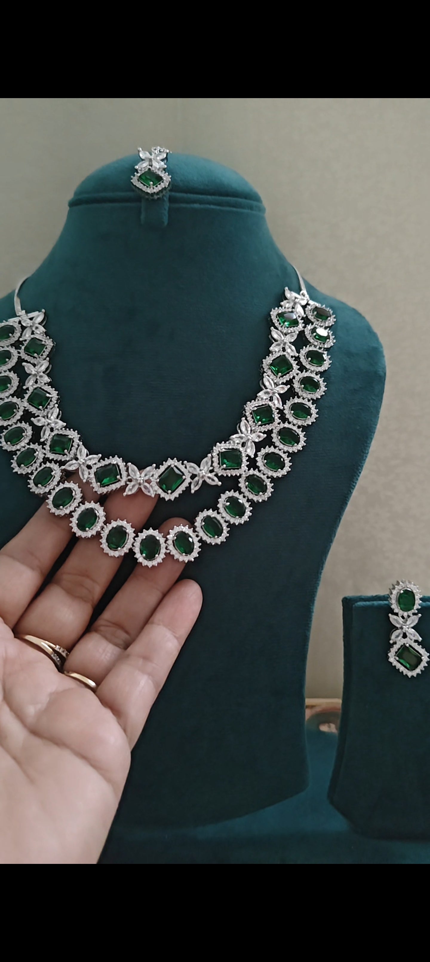 Emerald green stone and CZ set with maang Tikka