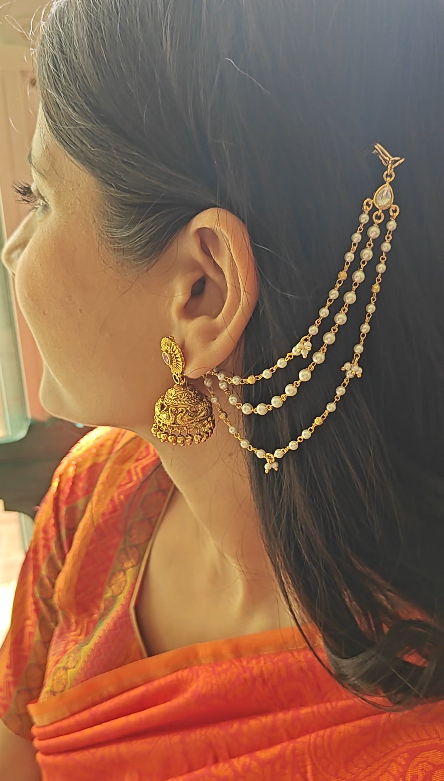 Pearl ear chain with moissanite on end and small pearl hangings