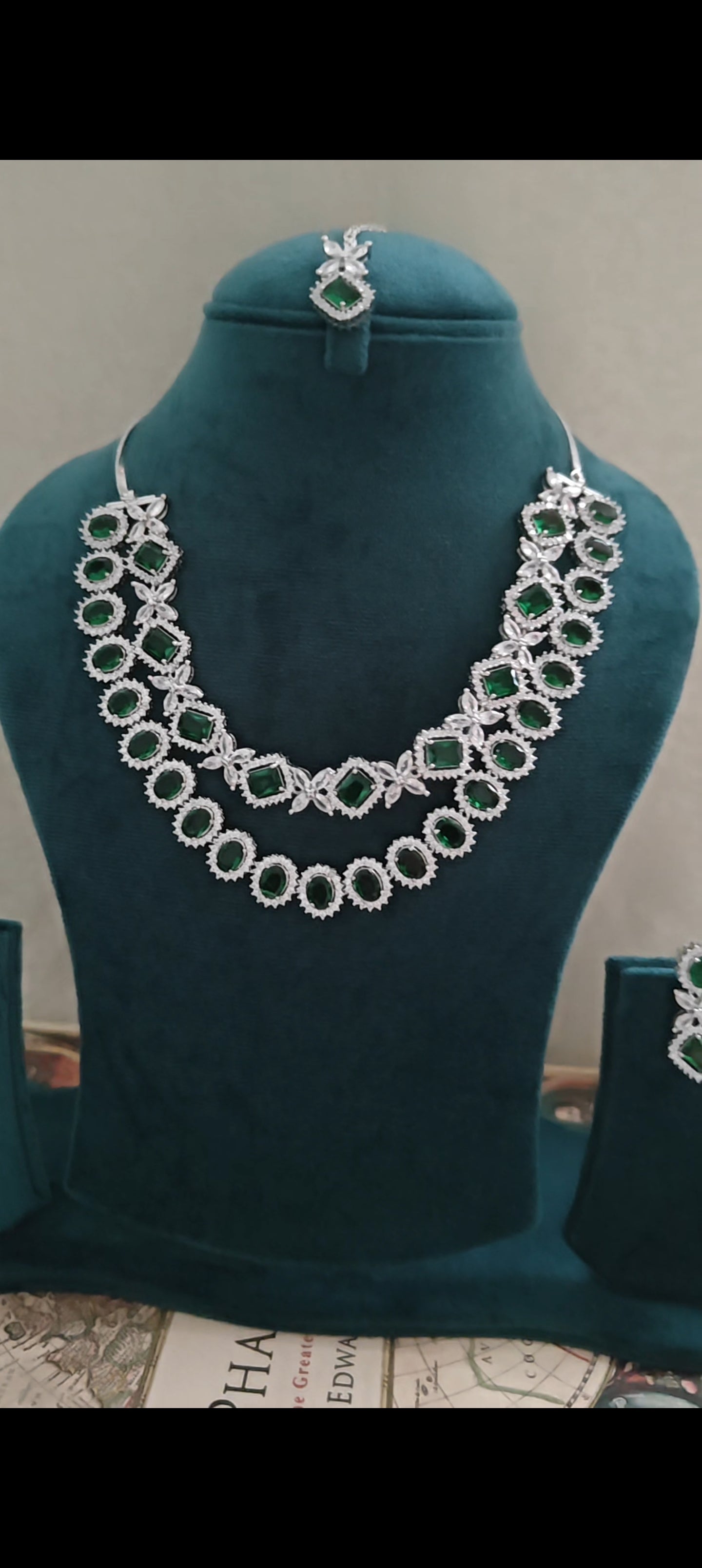 Emerald green stone and CZ set with maang Tikka