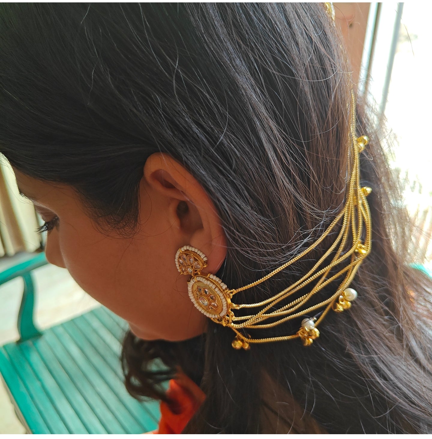 Earrings with earchains and studs on both sides
