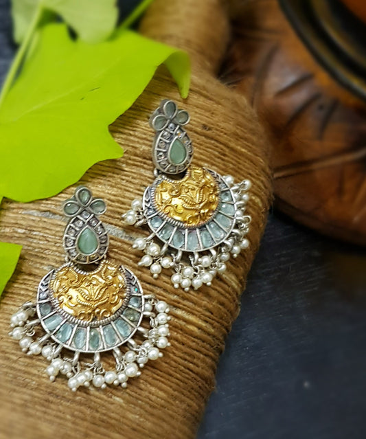 Earrings with mint green jadau stones in dual tone