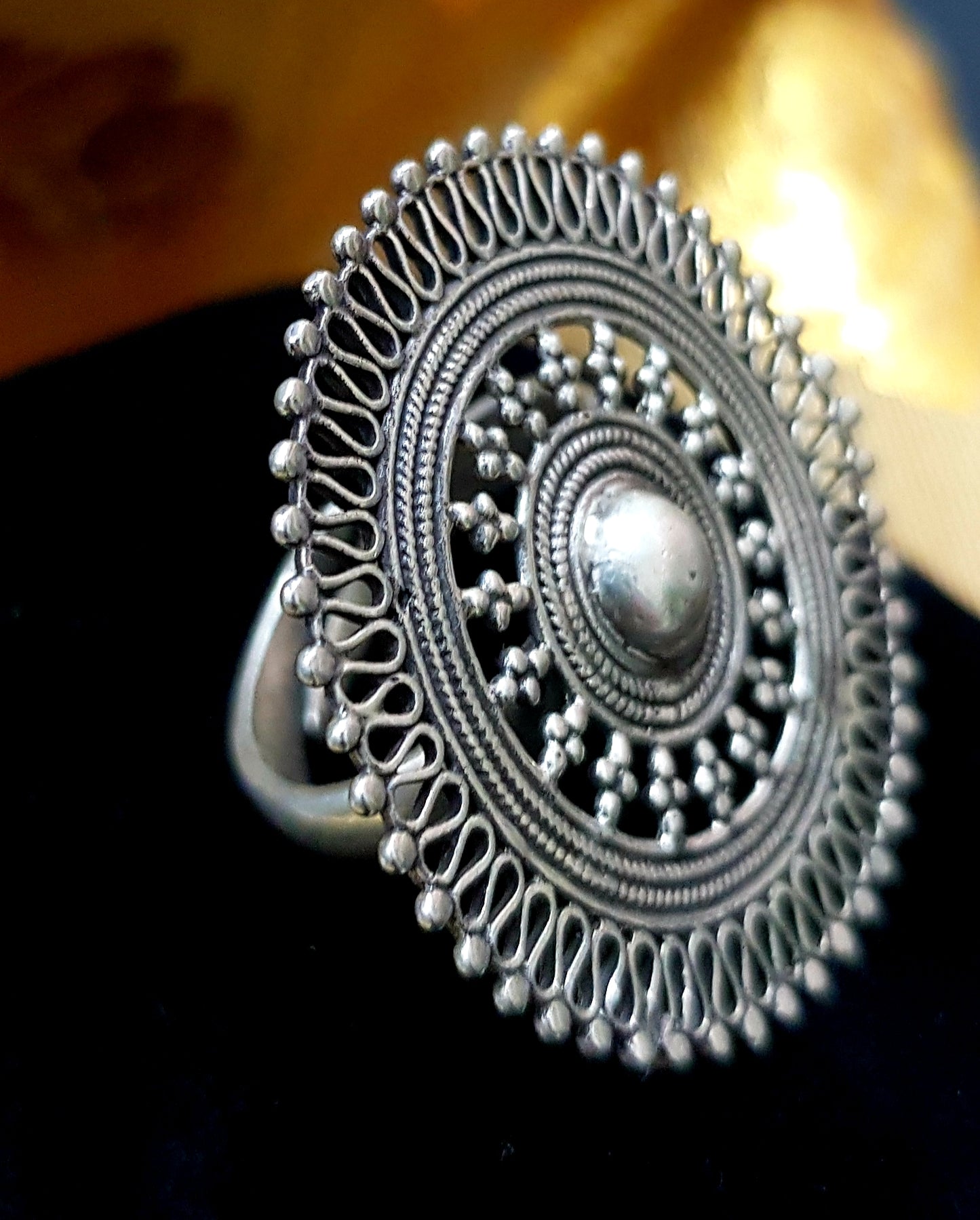 Silver jaali work statement ring, adjustable