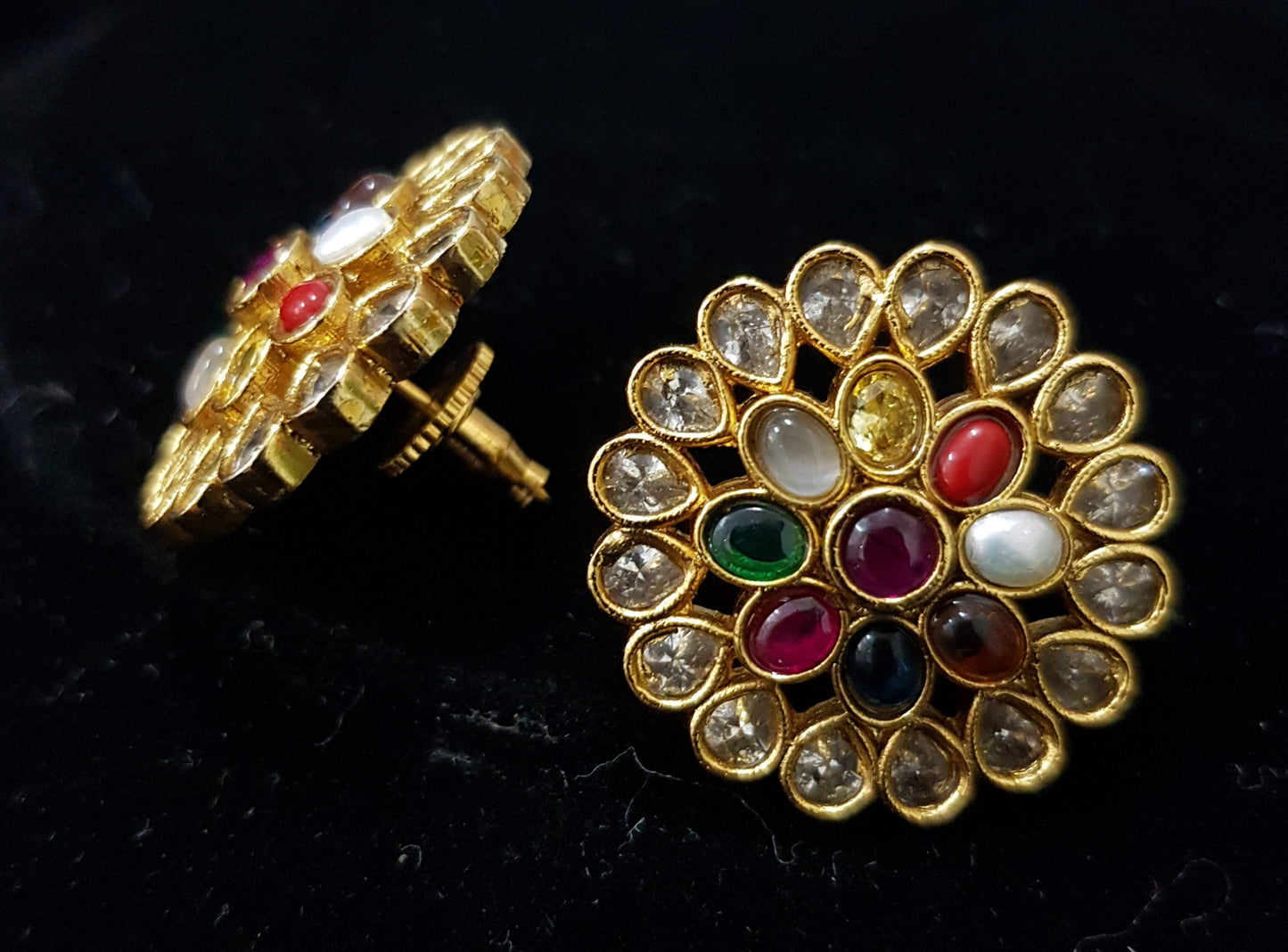 Traditional round navratan and kundan studs (earrings)