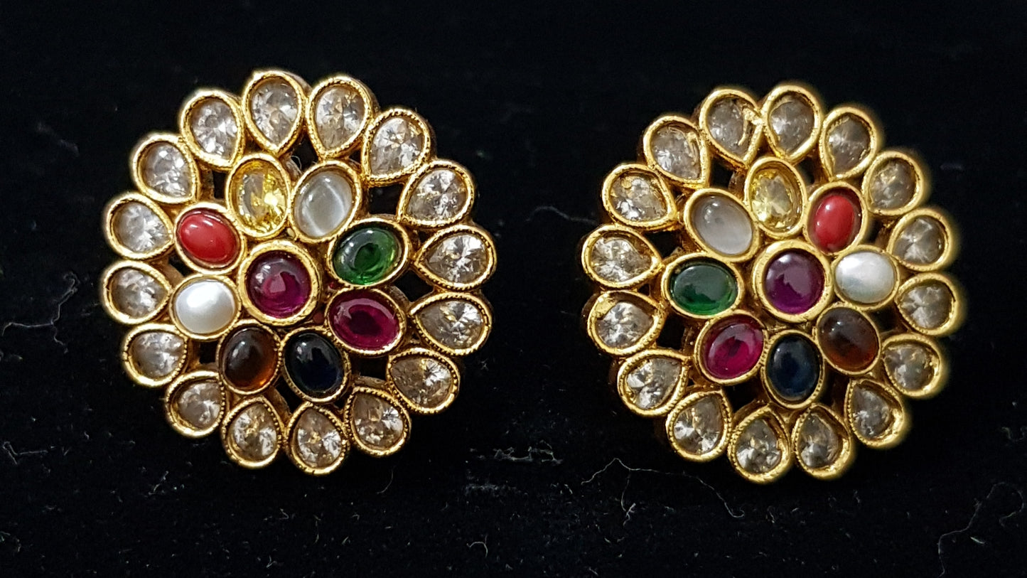 Traditional round navratan and kundan studs (earrings)