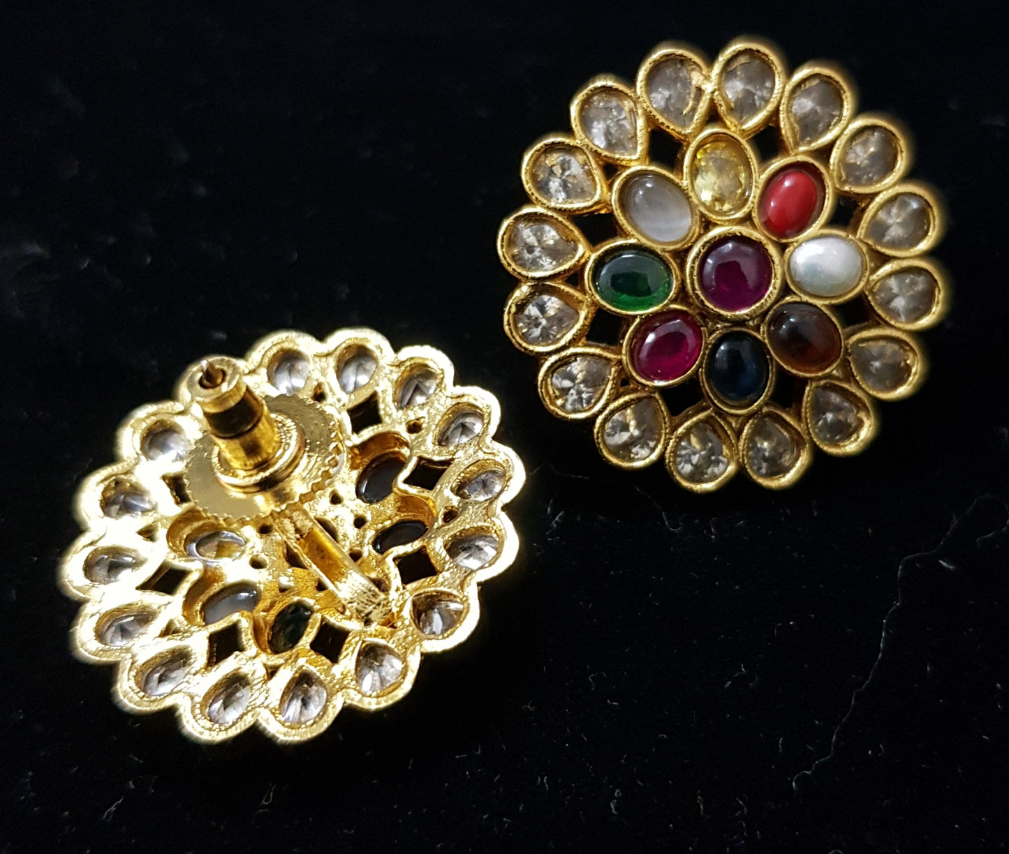 Traditional round navratan and kundan studs (earrings)