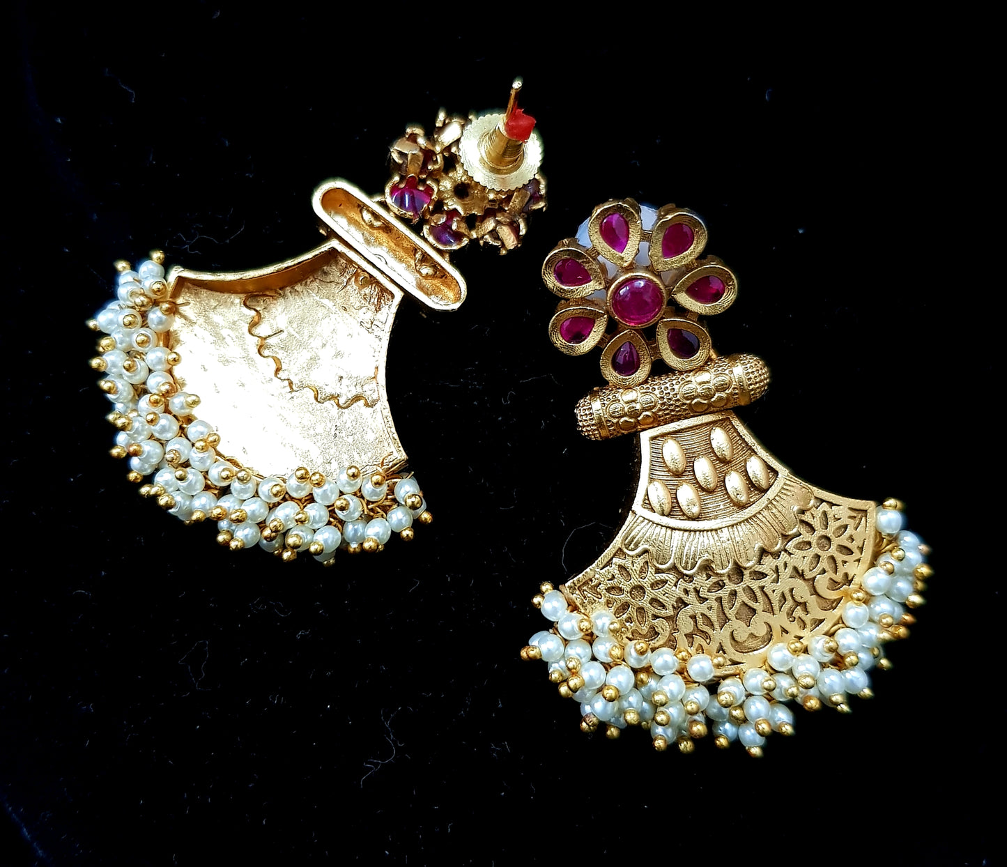 Unique gold finish earrings with kemp stones and pearl clusters