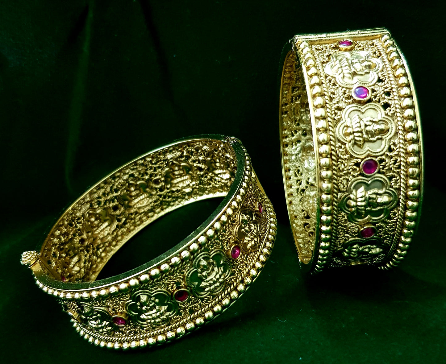 Temple jewelry gold finish lakshmi bangle (kangan-2) with kemp stones