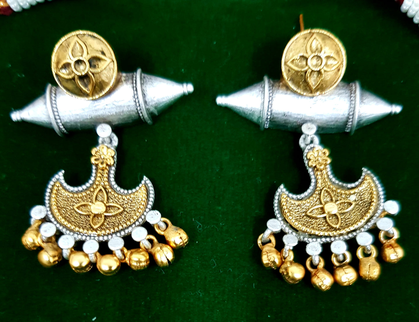 Hasli set with golden silver finish, pendant with work and tribal earrings