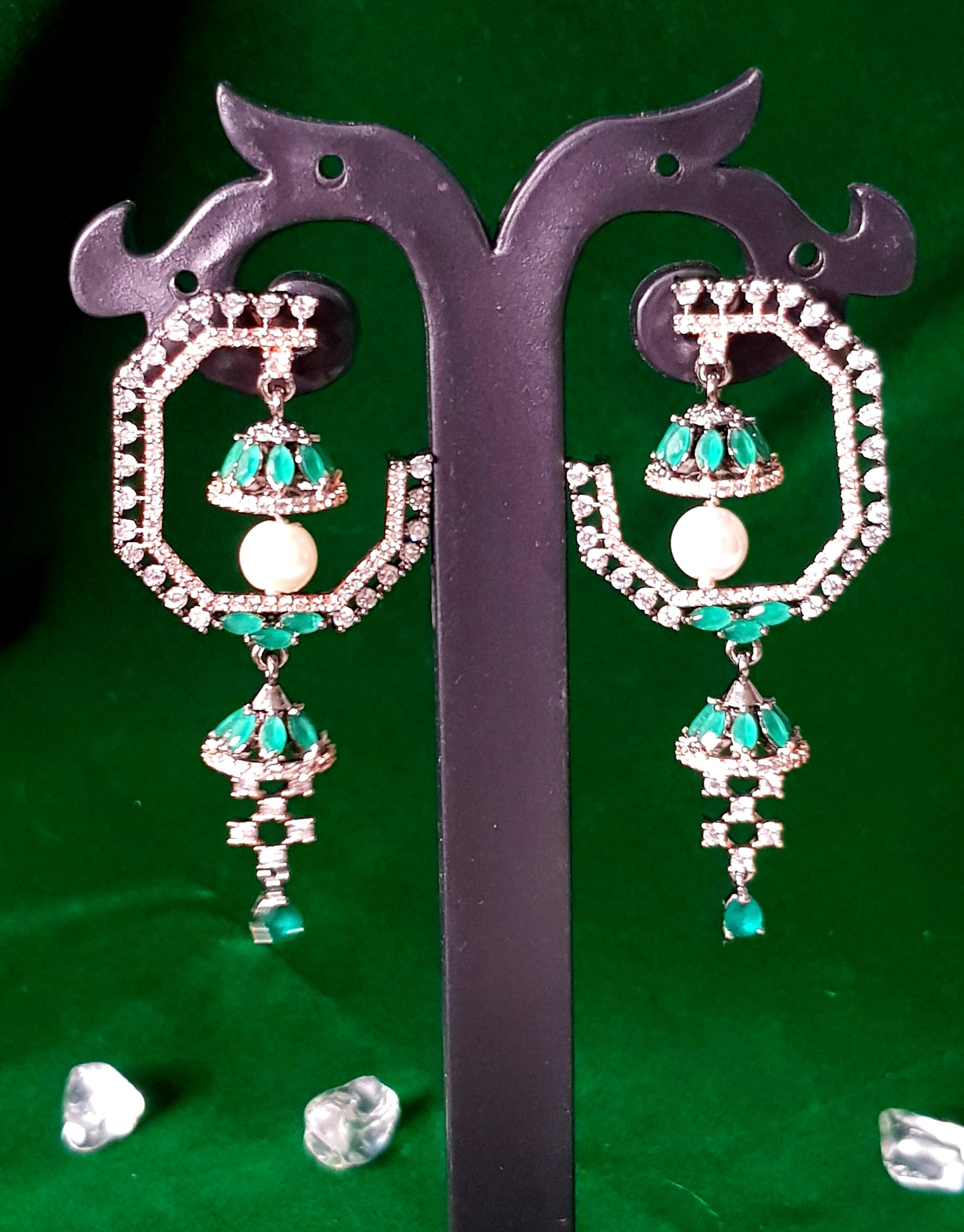 Geometric dangling earrings with green 'emerald'/pink and white stones