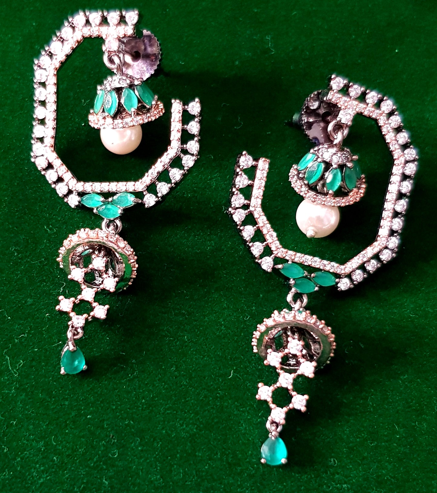 Geometric dangling earrings with green 'emerald'/pink and white stones