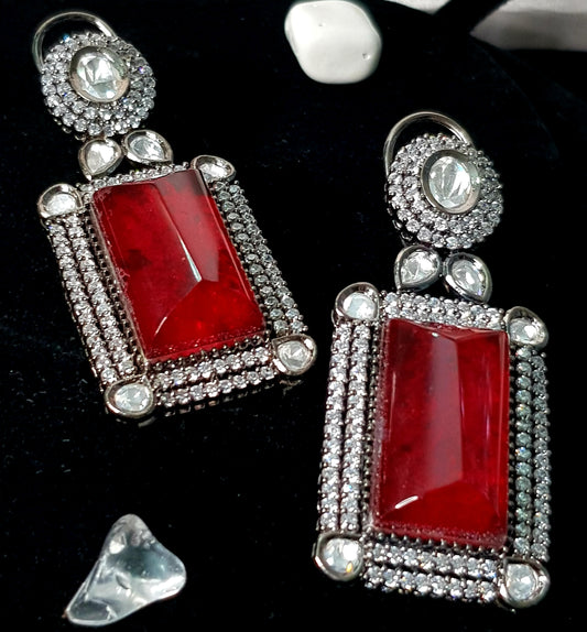 Statement earrings, big devil stone (red/green) with kundan and CZ detailing