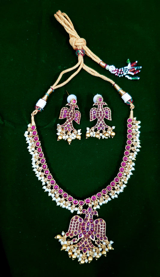 Paachi kundan peacock design red-navratan kemp stones reversible set