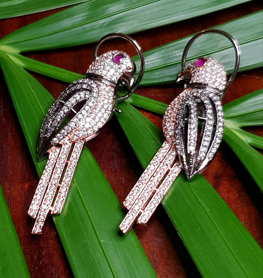 Antique finish, Parrot motif earrings with rose gold and rhodium/full rhodium finish,red stone