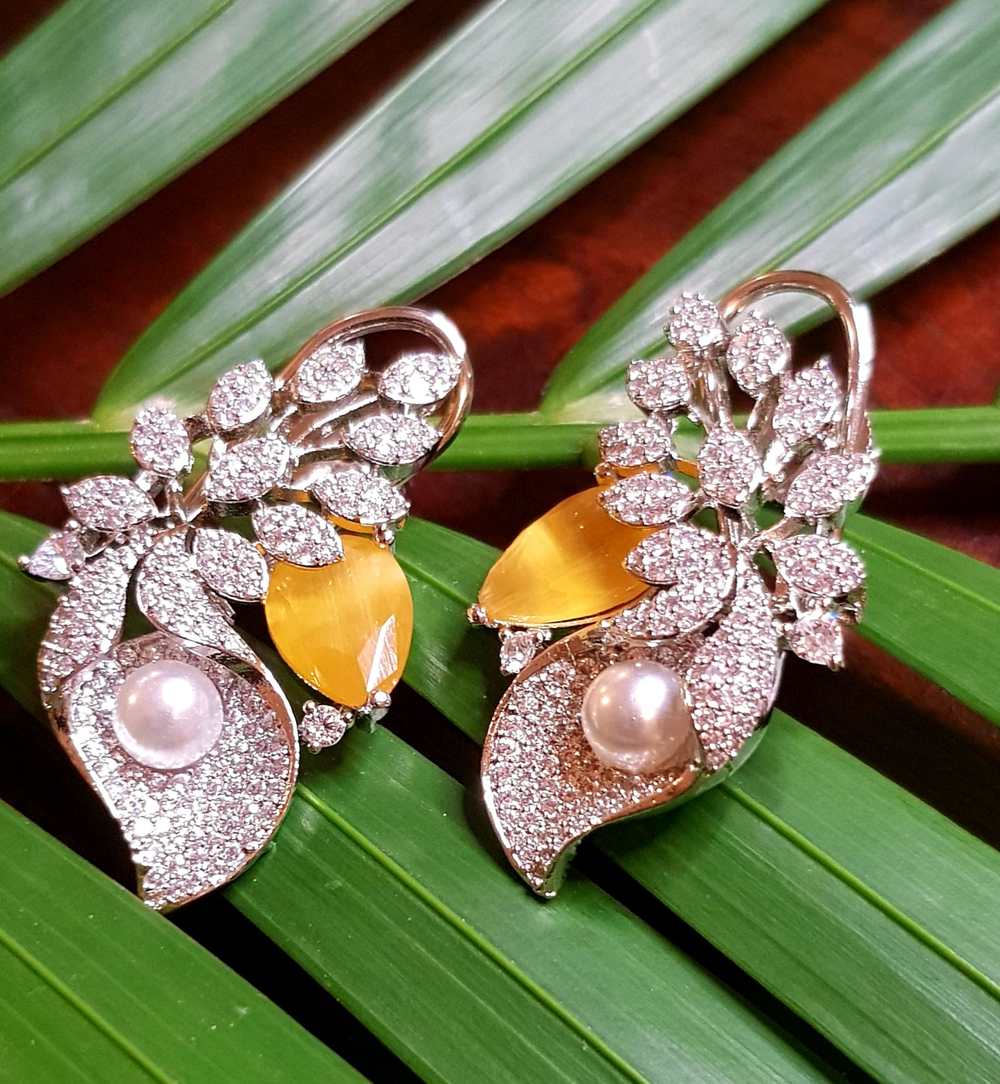 Spring motif earrings in antique/white finish with green/yellow/rust brown/pink stone, CZ and pearl