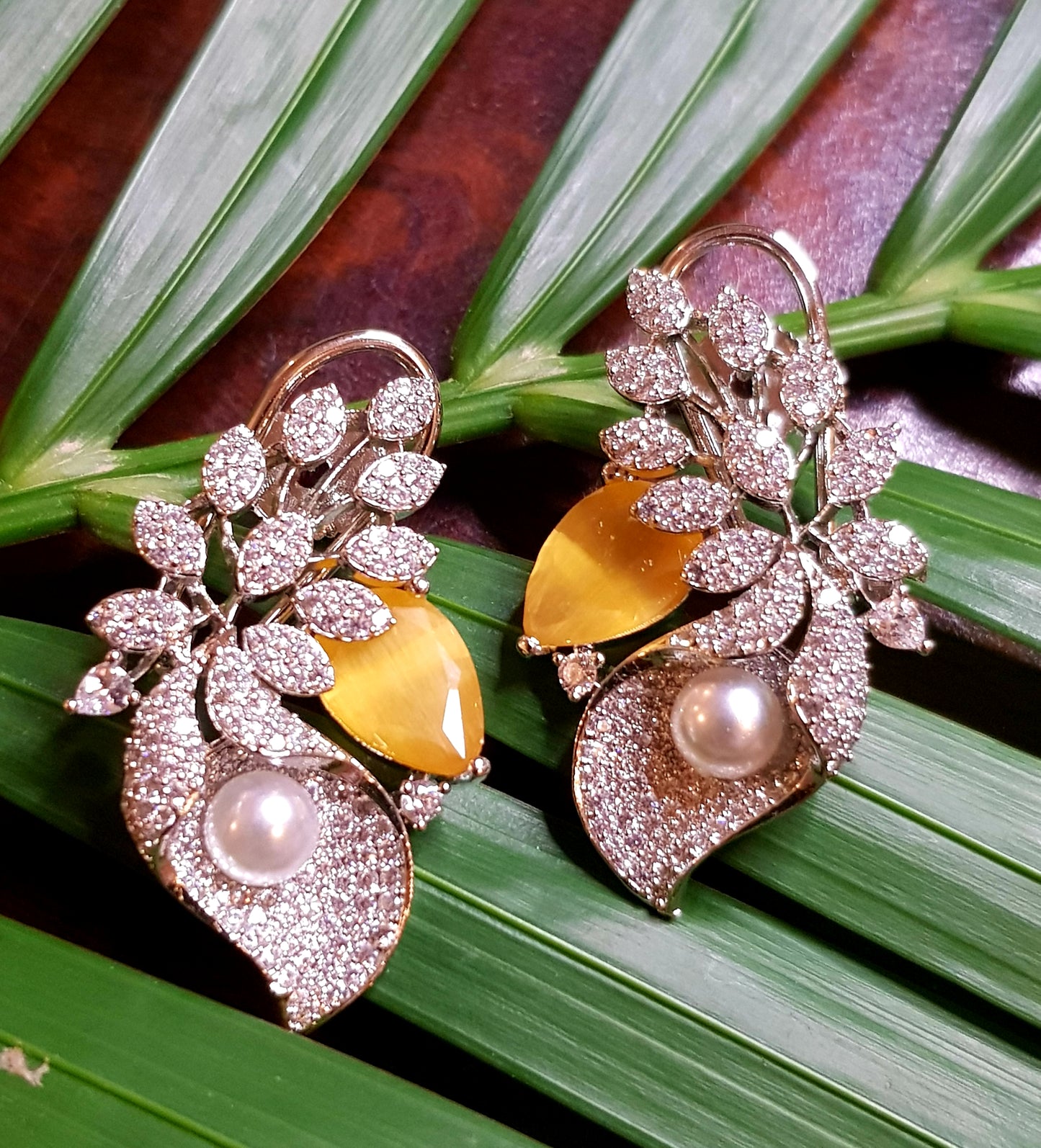 Spring motif earrings in antique/white finish with green/yellow/rust brown/pink stone, CZ and pearl