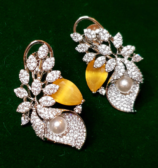 Spring motif earrings in antique/white finish with green/yellow/rust brown/pink stone, CZ and pearl