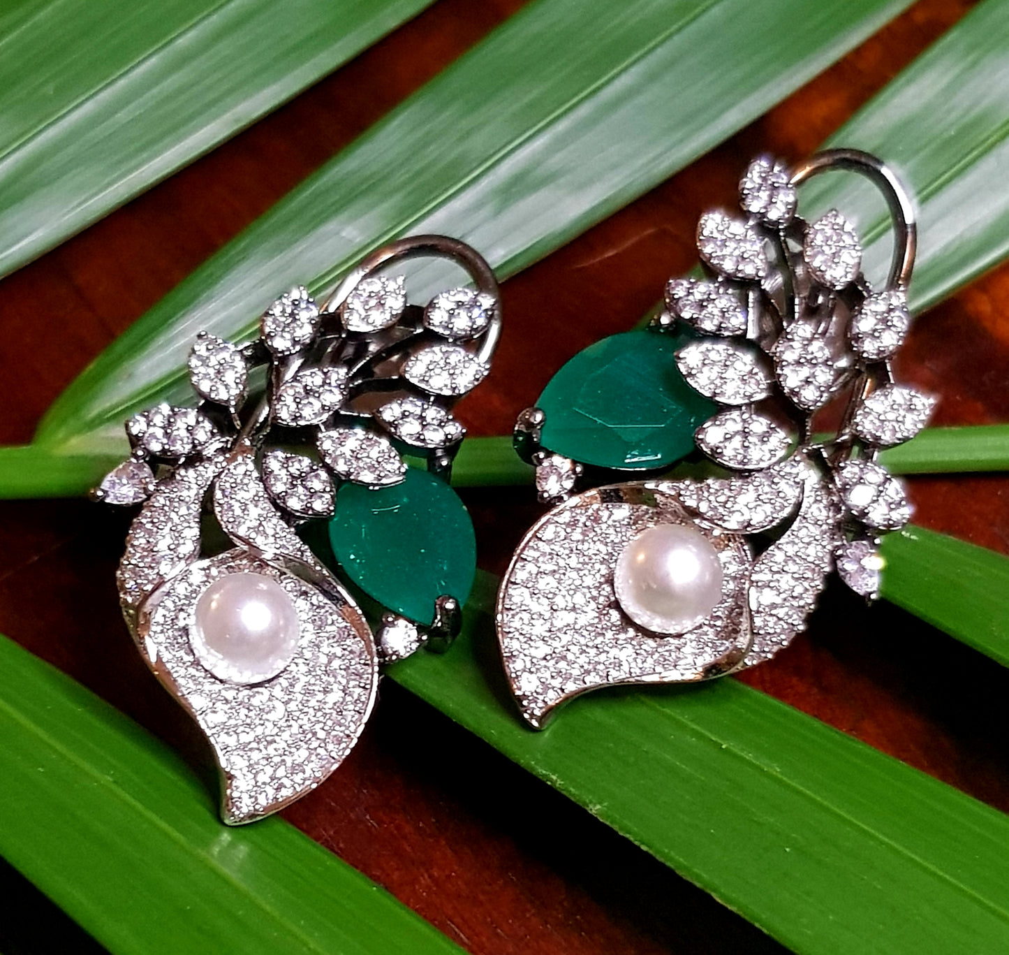 Spring motif earrings in antique/white finish with green/yellow/rust brown/pink stone, CZ and pearl