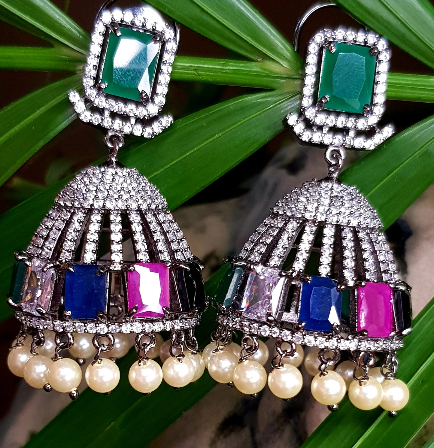 Unique dazzling jhumka (earrings) with multicoloured stones(2 more pieces in different stones from Picture, CZ and pearl hangings