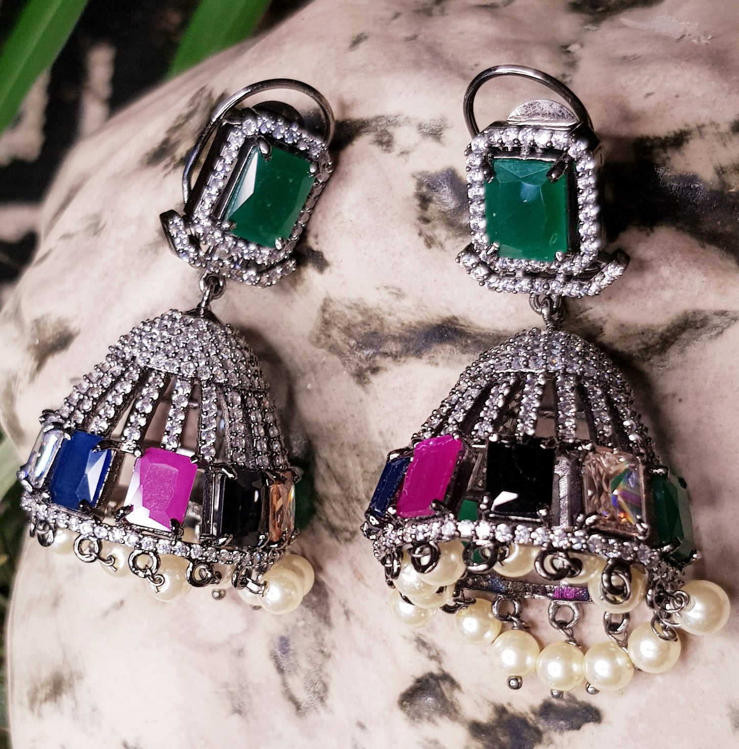 Unique dazzling jhumka (earrings) with multicoloured stones(2 more pieces in different stones from Picture, CZ and pearl hangings