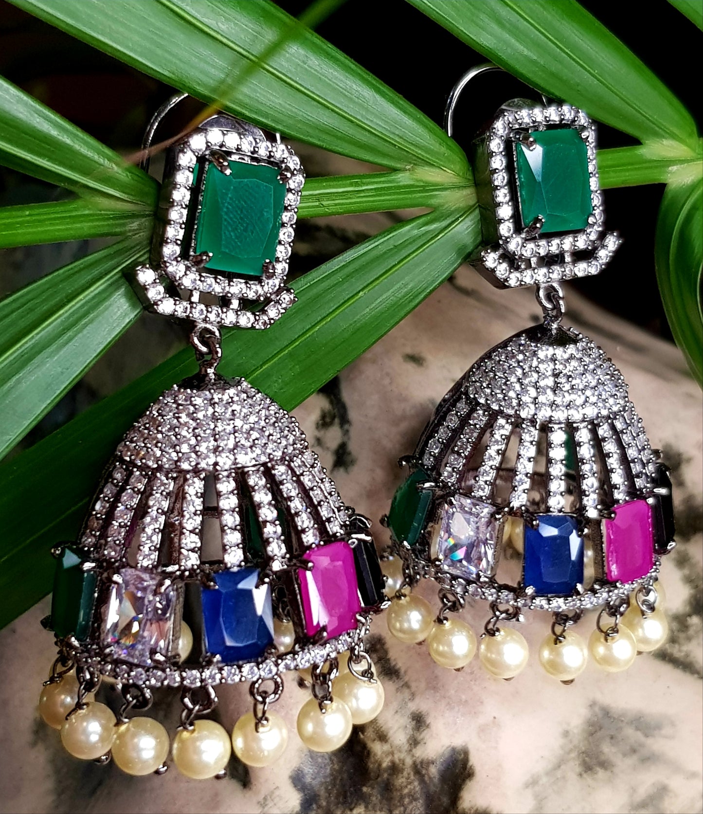 Unique dazzling jhumka (earrings) with multicoloured stones(2 more pieces in different stones from Picture, CZ and pearl hangings