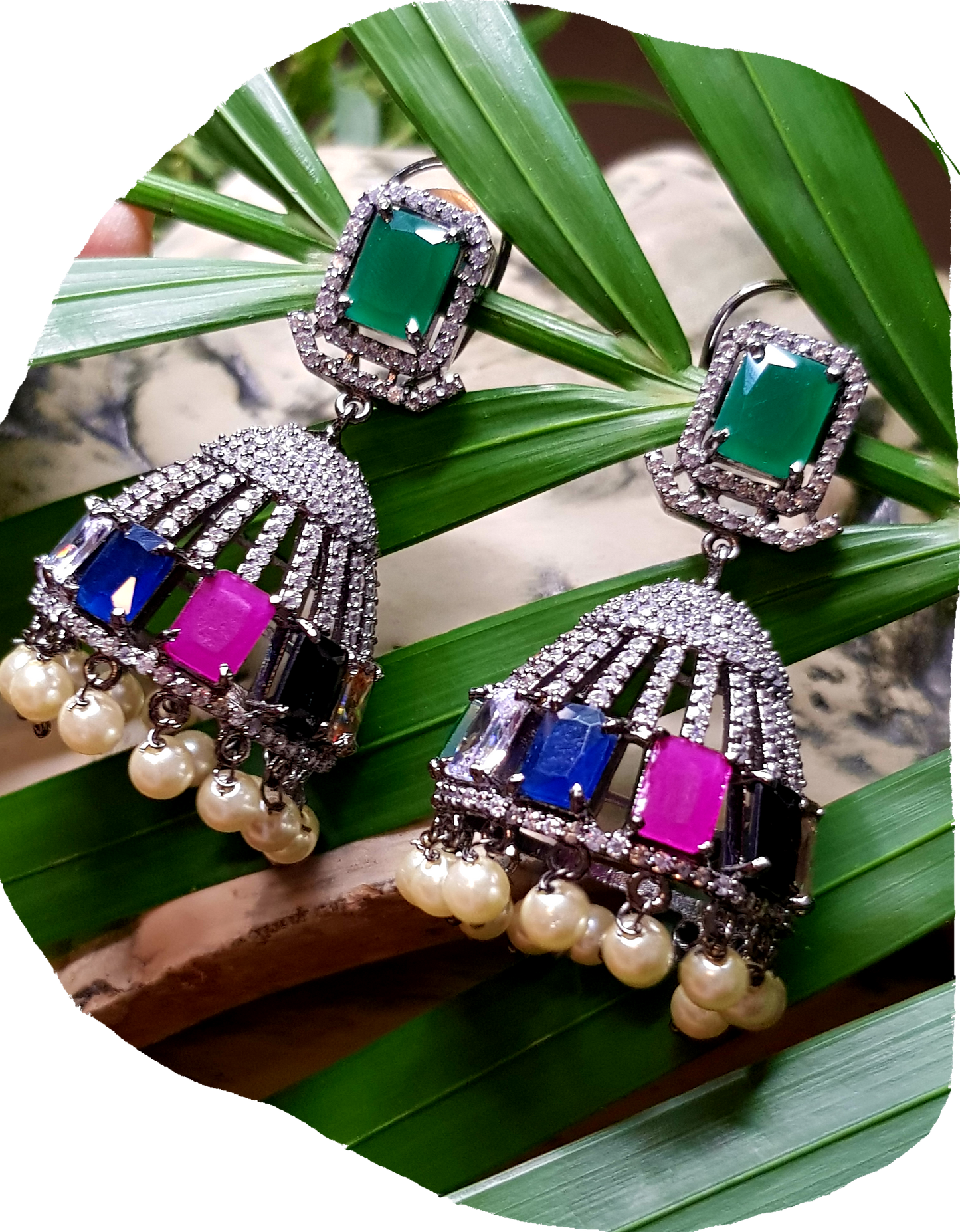 Unique dazzling jhumka (earrings) with multicoloured stones(2 more pieces in different stones from Picture, CZ and pearl hangings