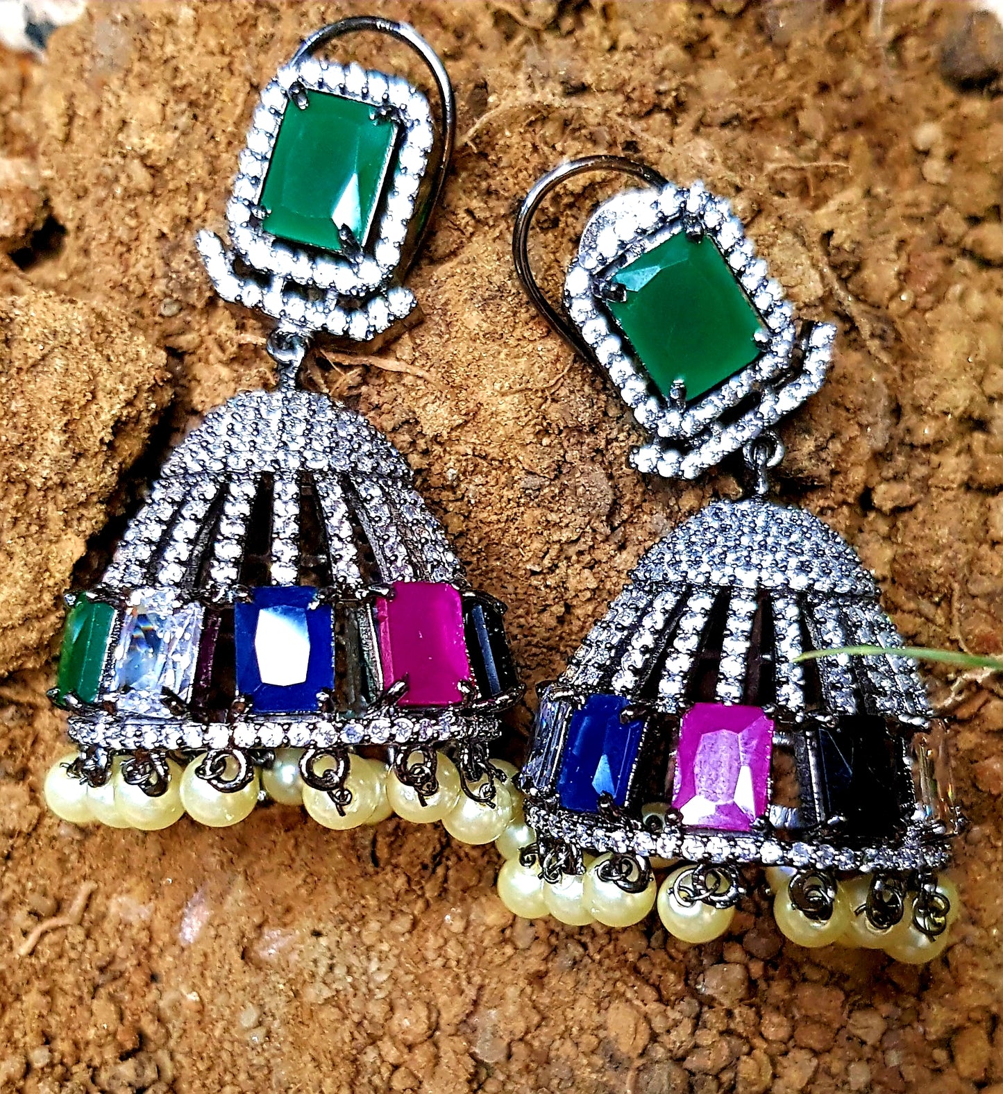 Unique dazzling jhumka (earrings) with multicoloured stones(2 more pieces in different stones from Picture, CZ and pearl hangings