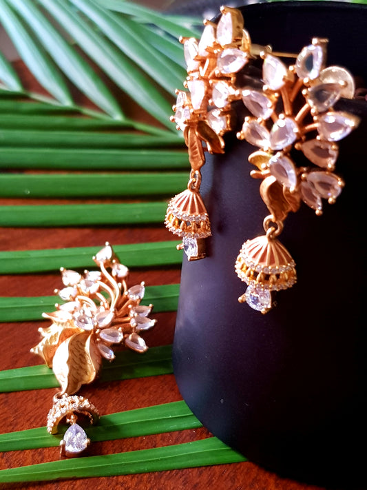 Gold finish flower design pendant set with clear stone and crystal hangings, matching earrings