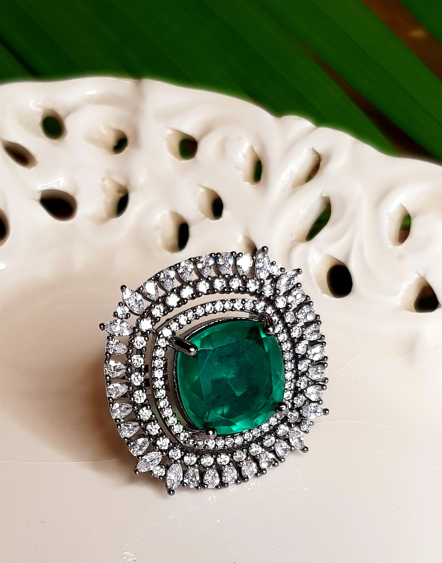 Antique finish ring, big emerald/topaz stone in the center with CZ detailing