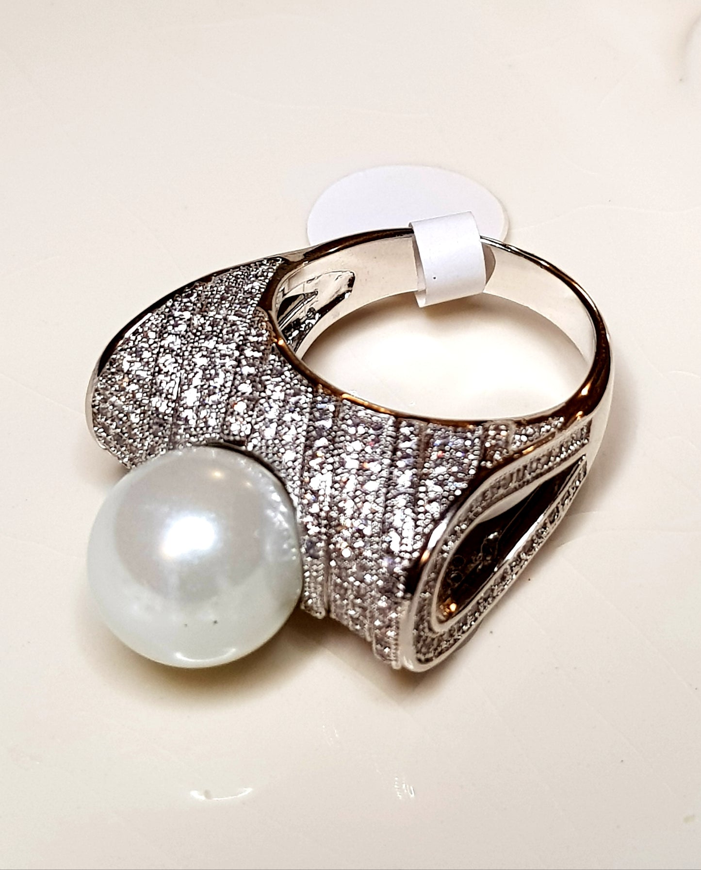 Silver finish statement ring with big pearl and CZ detailing