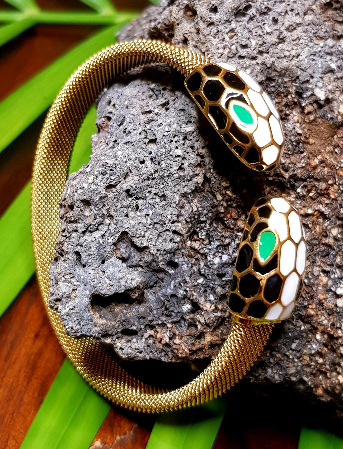 Smart snake head gold finish bracelet, white, black, green meenakari detailing