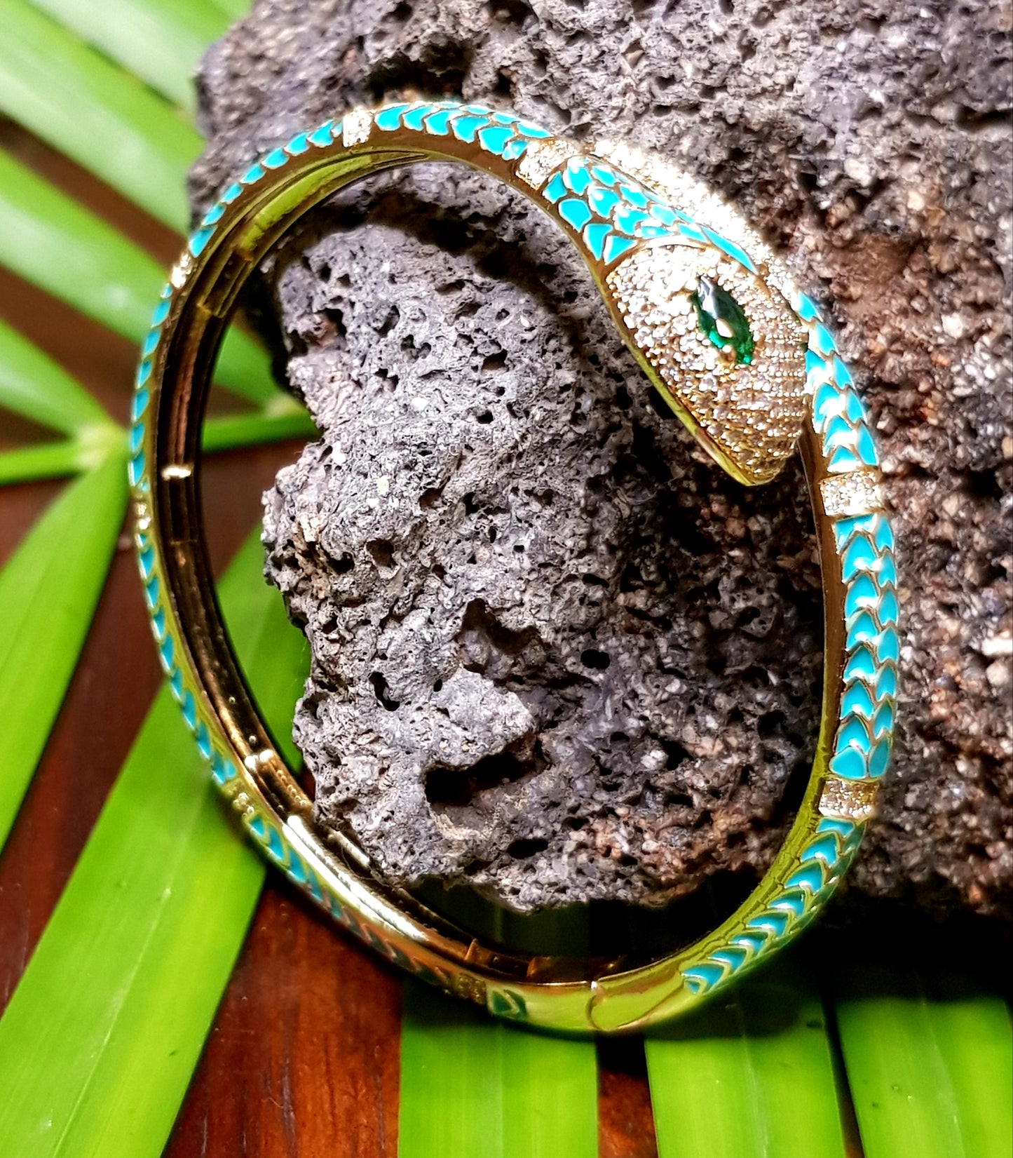 Snake shaped gold finish bracelet, turquoise/pink/yellow/blue enamel work