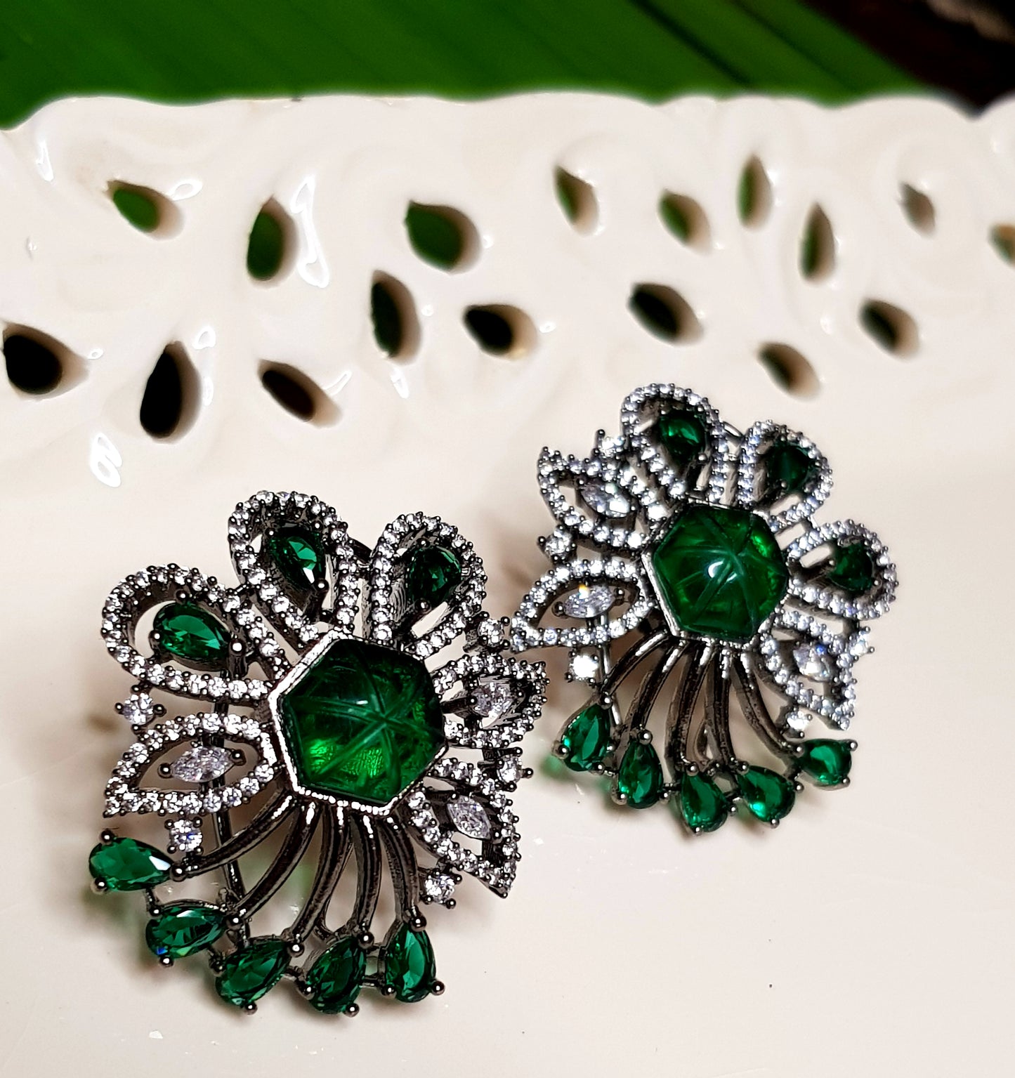 Victorian inspired Red/green flower motif studs (earrings) with CZ