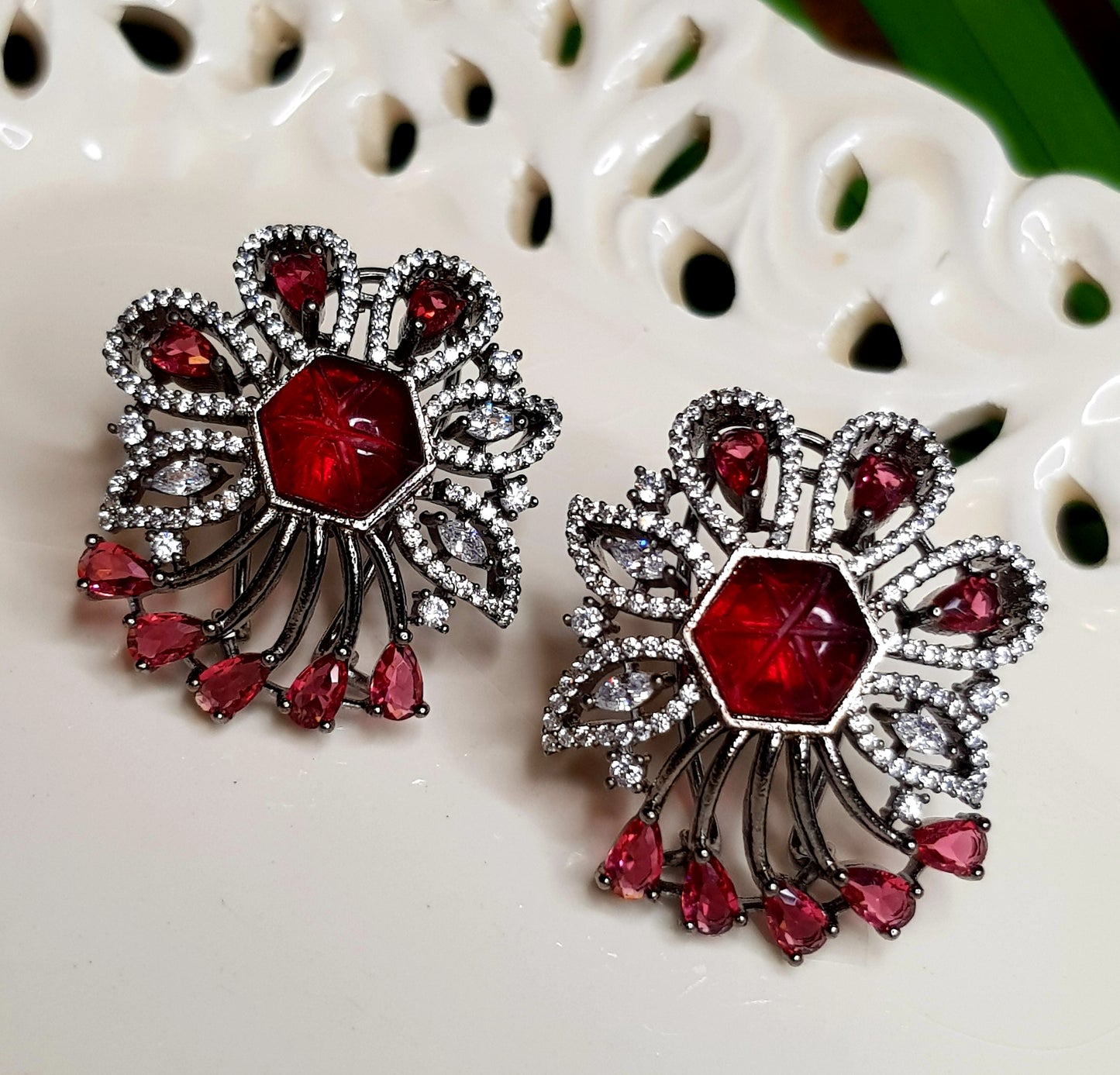 Victorian inspired Red/green flower motif studs (earrings) with CZ